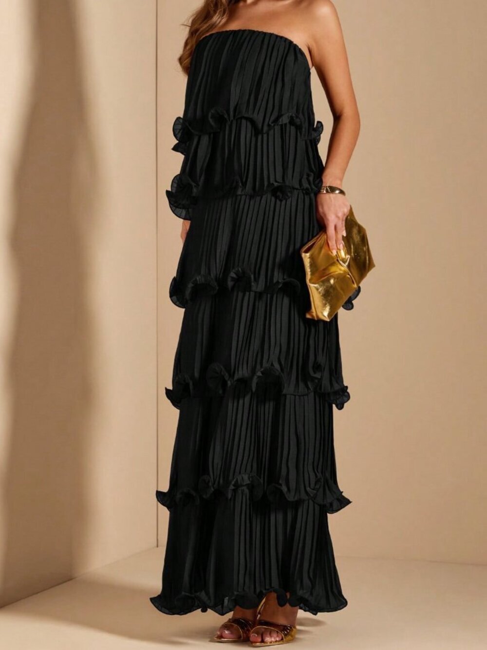 Black Elegant Women's Strapless Tiered Cake Dress - Picture 6 of 7